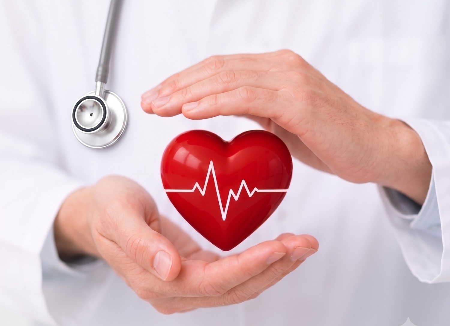 Doctor's hands holding a heart with a pulse line